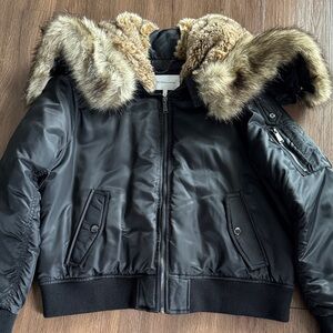 BCBGeneration Women’s Black Nylon Bomber Jacket with Faux Fur Hood